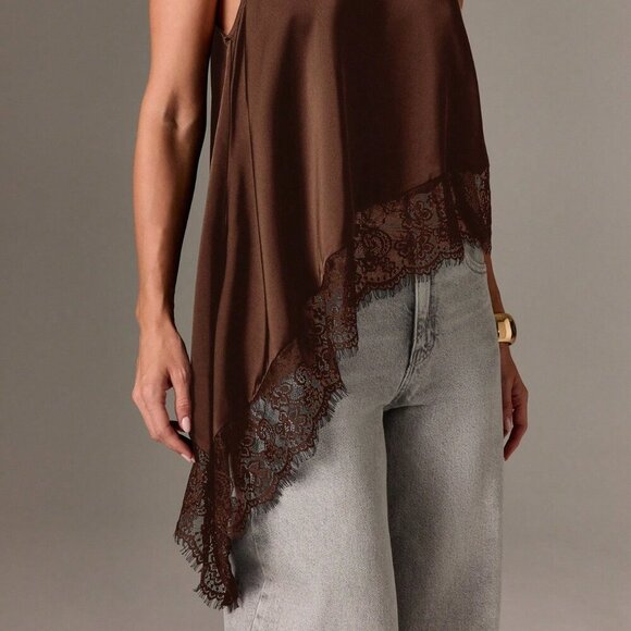 Brown elegant Women's Sleeveless High Neck Lace Trim Asymmetric Satin Top - Picture 5 of 5